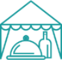 Icon of a tent with a dome-shaped object and a bottle inside, stylized in teal.