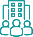 Icon of a building with three people icons, representing a team or office setting.